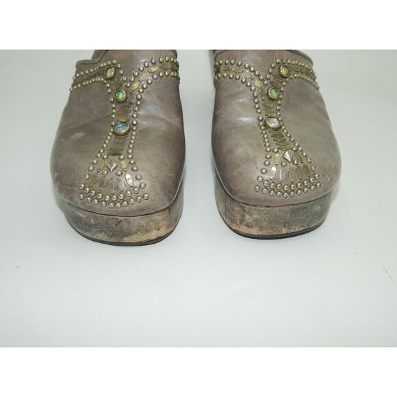 CALLEEN CORDERO Swarovski Cystal Metal Studded Gray Leather Wood Clog Size 7 - Picture 5 of 9